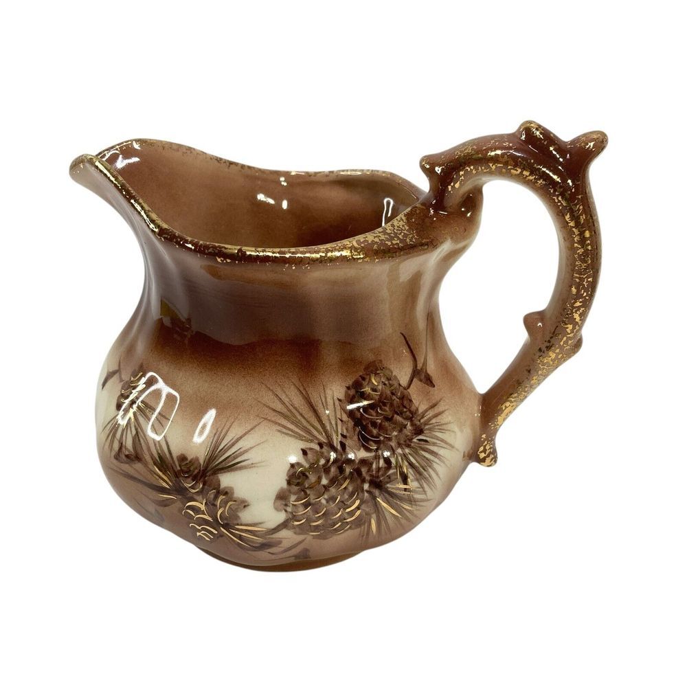 Vintage Rymes Ceramics Yellowstone Marks Pitcher Brown Beige Gold Pine Cones